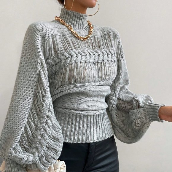 Grey Casual Womens Mock Neck Cable Knit Lantern Sleeve Ripped Sweater - Picture 4 of 7